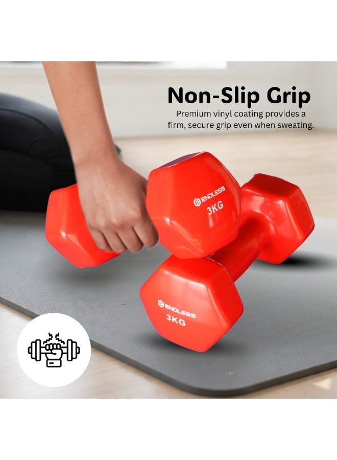 ENDLESS  Vinyl Coated Fixed Dumbbell for Gym Exercises | Pair of 3 Kg ( 2 * 6.6 LB ) | Material : Iron with Vinyl Coat | Weights for Women and Men - Image 3